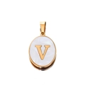 Detail of oval gold-plated pendant with white shell inlay featuring a metal letter V - Gold Letter V