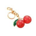 Detail showing red cherry charms with gold glitter and polished green leaf keychain - Pink Glitter Cherry Keychain