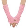 Pink knit fingerless arm warmers with thumb holes and ribbed texture for winter - One Size / Pink