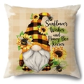 Beige linen sunflower gnome pillowcase with Sunflower Wishes and Honey Bee Kisses print - 45x45cm Pillow Cover / Sunflower Bee Gnome-3 (21Y382-3)