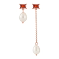 Asymmetric S925 silver rose gold earrings with ruby zircon and pearl pendants - Asymmetric Long & Short / With Silver Ear Plugs / Rose Gold / Red Stone