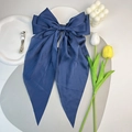 Navy blue satin silk oversized bow hair clip with long ribbons and metal spring base - Navy Blue