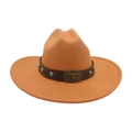 Camel wide brim cowboy fedora with turquoise studs and vintage bronze bull head buckle - One Size / Camel