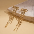 18K gold plated bow earrings with sparkling zircon studs and long tassel chain fringe - Bow Tassel / Gold