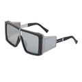 Steampunk wraparound sunglasses with oversized square black frames and silver metal details - Black Frame Silver Mirror