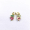 Gold strawberry pendant with pink heart-shaped crystal and green leaf zircons for DIY jewelry - Pink Strawberry Pendant