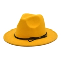 Detail of yellow wool fedora hat with black braided leather band and metal pendant - M (56-58cm) / Yellow
