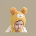 Ginger yellow knitted baby earflap hat with plush bear ears and cozy neck scarf - Double-ball Embroidery Yellow (2 Months - 2 Years)