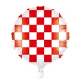 Round foil balloon featuring a classic red and white checkered racing flag pattern - 18-inch Red Small Squares