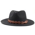 Detail of black woven sun hat featuring a classic brown braided leather decorative band - M (56-58cm) / Black