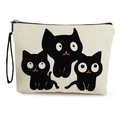 Borsa per cosmetici in tela con gatti neri cartoon, cerniera e cinturino da polso - Stile Tre Gatti Neri (款式1) / 17*25cm (Lino) con Cinturino