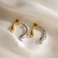 Two-tone C-shape water drop earrings in gold and silver stainless steel minimalist style - Two-Wear Stud Earrings / Gold and Silver