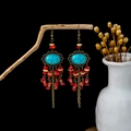 Bohemian tassel earrings with turquoise and red stones on a vintage bronze chain - Bronze + Red Stone Chain (E5862)