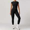 Set sportivo nero da donna con top a maniche corte e leggings a vita alta - Taglia S / Top E Pantaloni / Manica Corta + Leggings / Nero premium