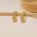 Close-up of gold V-shape earrings with micro-paved cubic zirconia and hollow patterns - EH410029-Gold Rectangular Pave