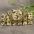 Dalmatian stone moon hair clip with copper wire hand-wrapped on a brass crescent - Dalmatian Jasper Moon Hair Clip