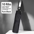 Paraguas plegable de 10 varillas negro con revestimiento UV grueso y diámetro de 105cm - Automático Grande Negro Puro