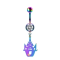 Macro shot of colorful castle pendant navel ring with cubic zirconia on white background - Rainbow Castle