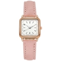 Detail view of square rose gold watch with pink suede strap and elegant white dial - Pink