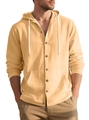 Men's casual long sleeve hooded cotton linen shirt in apricot yellow color with buttons - Khaki/Earth Yellow