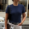 Women's minimalist short sleeve dark blue knit t-shirt with a stylish round neckline - M / Navy Blue