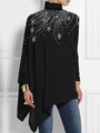 Detalle de top negro de cuello alto con perlas blancas brillantes y dobladillo asimétrico - S / Tops / Decoración de Perlas y Diamantes de Imitación Negros (Y53077)