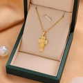 Gold cross necklace with Virgin Mary engraving and white crystals in green jewelry box - 9210 / Gold