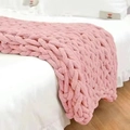Pink chunky chenille knit blanket with thick hand-woven texture on a white bed - 25*100cm / Nude Pink