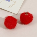 Pair of vibrant red plush faux fur pom pom pendants with metal rings for DIY jewelry - Red
