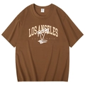 Women's tan crew neck T-shirt with vintage Los Angeles California palm tree graphic - Coffee