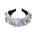 Gray knotted fabric headband featuring various sizes of white and metallic grey pearls - Light Gray