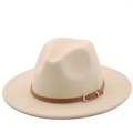 Classic cream wide brim fedora hat with brown leather belt buckle for men and women - Beige