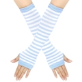 Blue and white striped fingerless arm warmers in knitted cotton for cosplay costumes - One Size / Blue and White Stripes