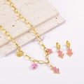 Gold necklace and earring set with pink tulip, butterfly pendants on a stone base - Necklace + Earrings