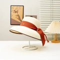 French retro cream straw sun hat featuring an orange ribbon and metal M letter buckle - Coral