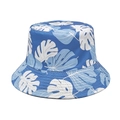 Close-up of tropical dark blue bucket hat with white monstera leaf print detail - M (56-58cm) / Blue