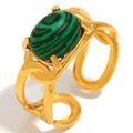 Ring van 18K verguld roestvrij staal met ovale malachietsteen en schakelketting design - Malachiet Open Ring (Goud)