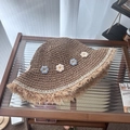Dark brown straw sun hat with hand-knitted flowers and frayed brim for summer leisure - L (58-60cm) / Small Flower Raw Edge Khaki