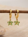 Gold-plated hoop earrings featuring green rhinestone flower charms on a wooden branch - 18K Gold / August Green