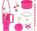 Pink silicone cup sleeve and straw cover accessories kit for Stanley tumblers - 7-Piece Set 4-Pink Butterfly