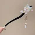 Handmade sandalwood hair stick with white flowers and golden metallic tassels - 171# Jade Color Double Flower (Wooden)