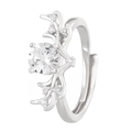 Elegant adjustable deer antler ring with a large round cubic zirconia in silver finish - Vine Main Stone / Silver Vine Style