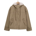 Women's khaki hooded parka jacket with white faux fur collar and drawstring waist details - XS / Apricot