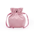 Detailed view of a pink velvet drawstring pouch with matching satin ribbons for jewelry - Diameter 10*13cm / Lotus Pink