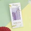 Pack of 6 purple birthday candles with gold foil accents in a decorative window box - Wave Box Purple Pencil Candle