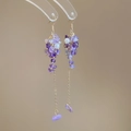 Macro detail of vintage purple stone tassel earrings with gold-toned metal hooks and beads - Amethyst Aquamarine Pearl Tassel Ear Hook (15#)