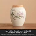 Miniature white ceramic tea canister with hand-painted magnolia flower and bamboo lid - Hand Painted Magnolia - Bamboo Lid Round Jar