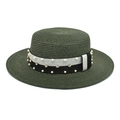 Detail of green straw boater hat with pearl and rhinestone ribbon embellishments - Dark Green