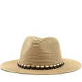 Classic woven Panama straw hat in natural beige with vintage wooden bead hatband detail - M (56-58cm) / Khaki