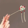 Golden hairpin with green magnolia flower and red bead tassels in vintage style - Peking Opera Female Role Hairpin